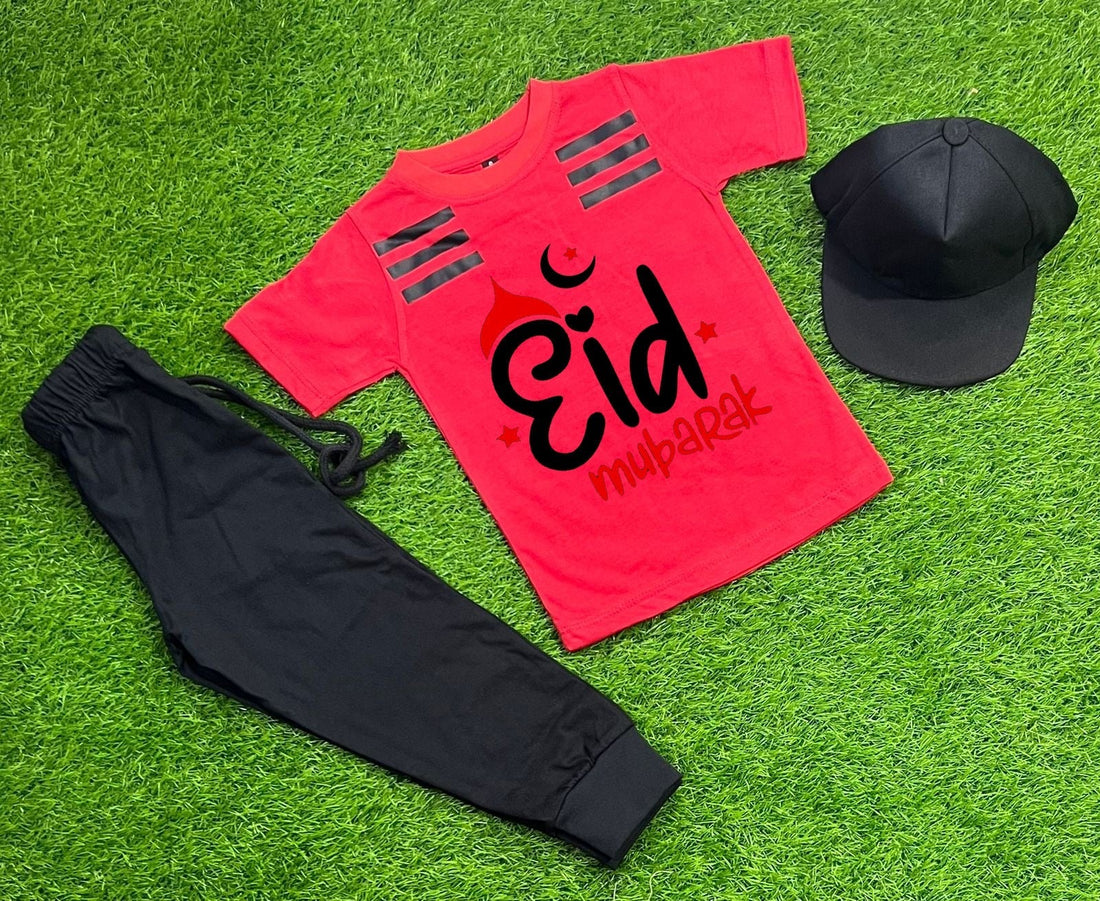 Pack Of 3 Eid Mubarak  Red Tracksuit  For Kid Shirt Trouser Cap