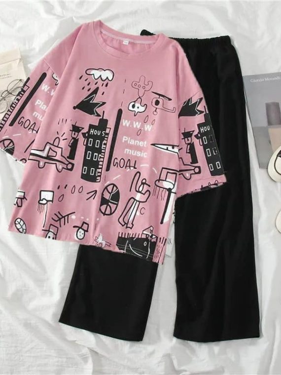 Pink Multi Printed Half Sleeves The Ultimate Dream wear Sleep Suit For Girl &amp; Women