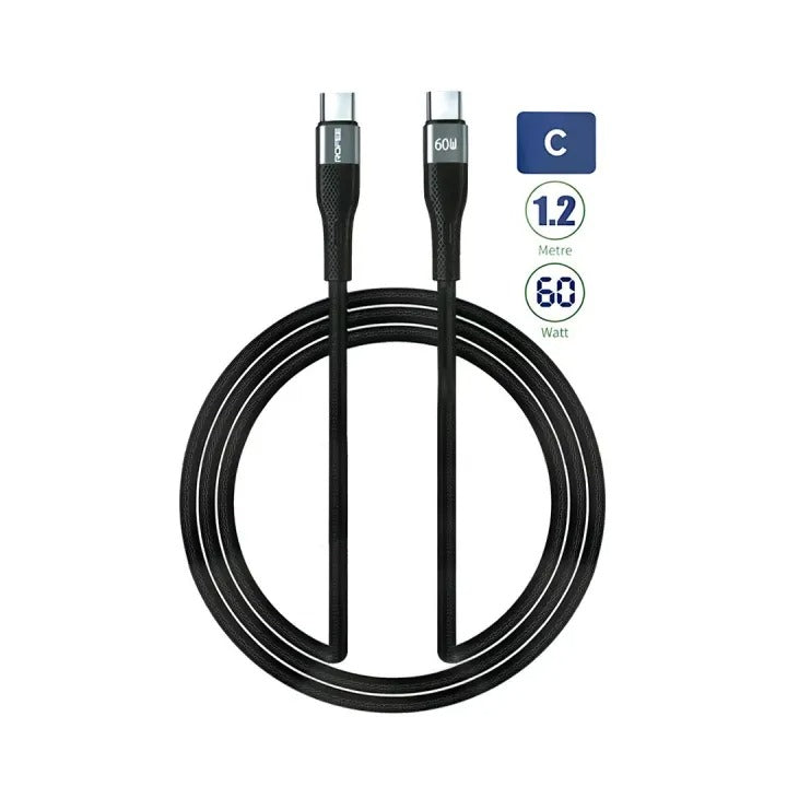 Rofee 502-C Smart &amp; Fast Data Cable 60W 1.2m C2C Aluminum Alloy+TPE Cable Black